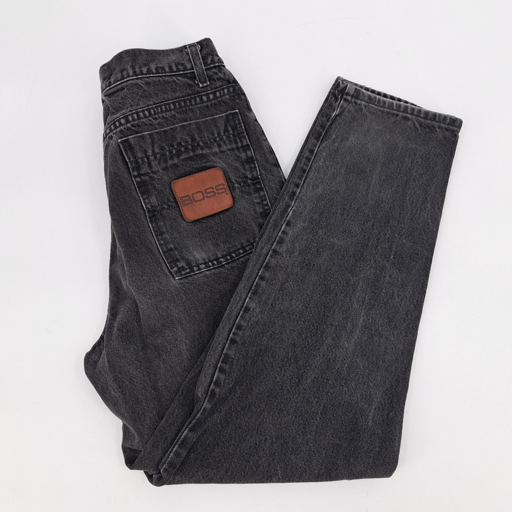 Vintage Boss Jeans 27x29 High Waisted Tapered Leg Faded Black Made in USA 90s